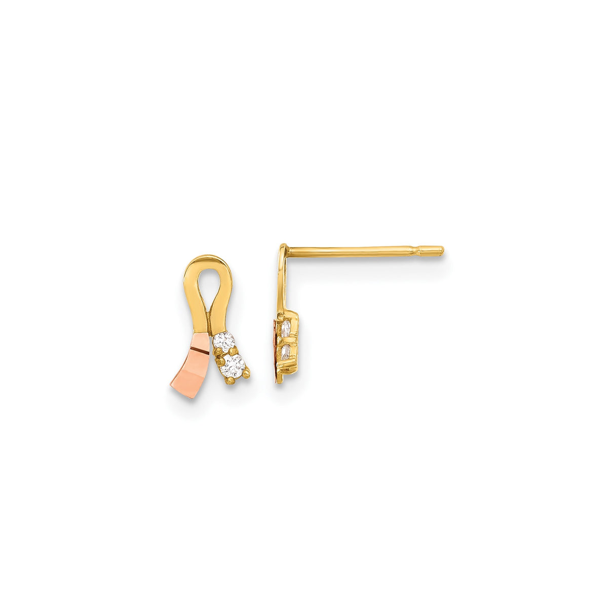 14k Two-Tone Yellow Gold Ribbon Stud Earrings with Cubic Zirconia, Cancer Awareness Design