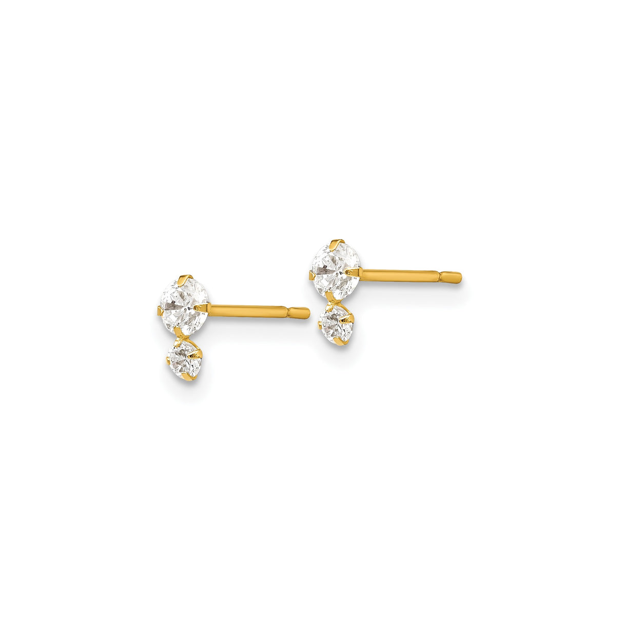 14k Yellow Gold Stud Earrings with Round Cut Cubic Zirconia, Double Stone Modern Design