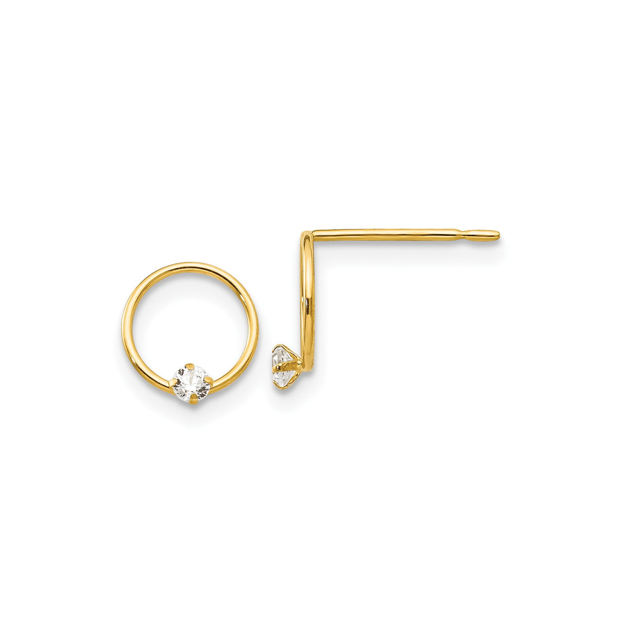 14k Yellow Gold Stud Earrings with Cubic Zirconia, Open Circle Design, Minimalist Style