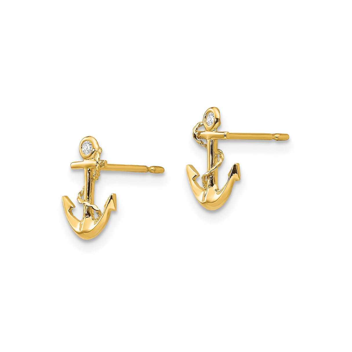 14k Yellow Gold Anchor Stud Earrings with Cubic Zirconia and Rope Design