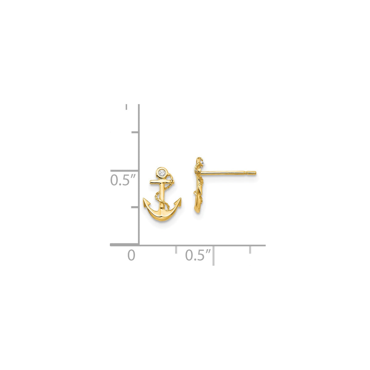 14k Yellow Gold Anchor Stud Earrings with Cubic Zirconia and Rope Design
