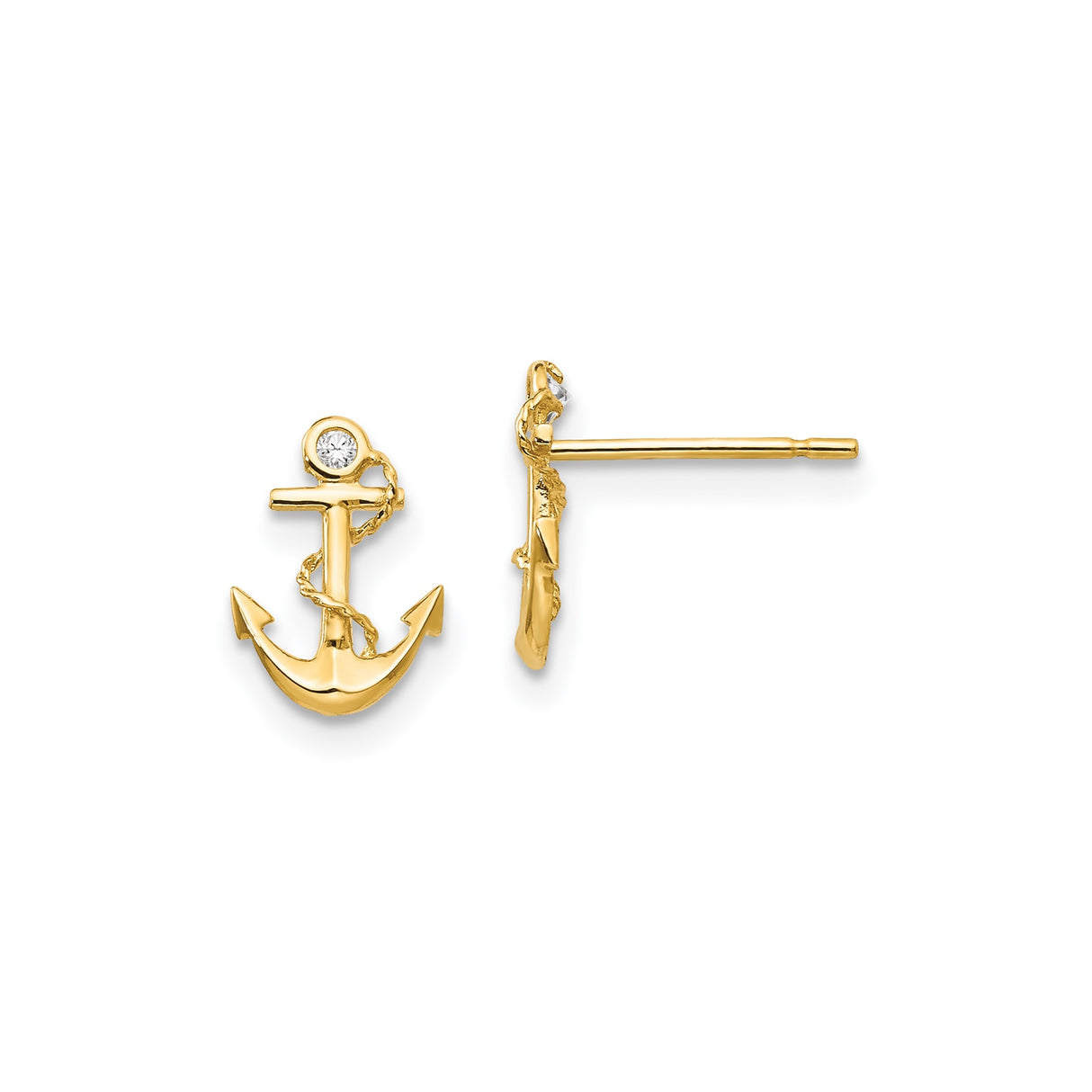 14k Yellow Gold Anchor Stud Earrings with Cubic Zirconia and Rope Design