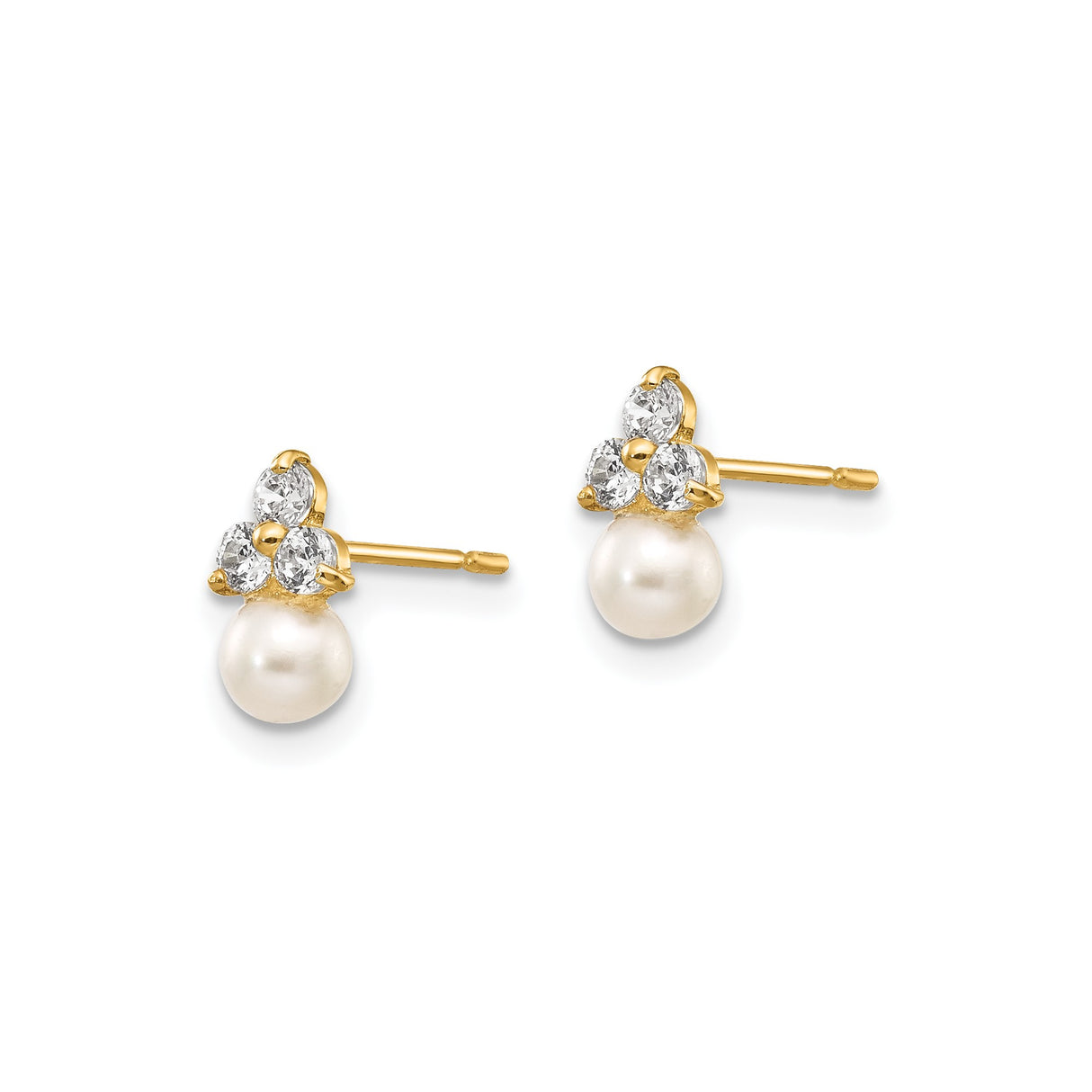 14k Yellow Gold Pearl Stud Earrings with Cubic Zirconia, Classic Bridal Jewelry for Women