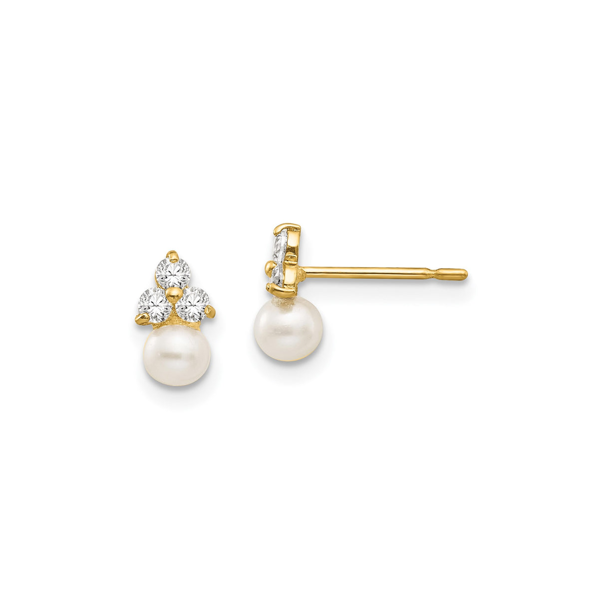 14k Yellow Gold Pearl Stud Earrings with Cubic Zirconia, Classic Bridal Jewelry for Women