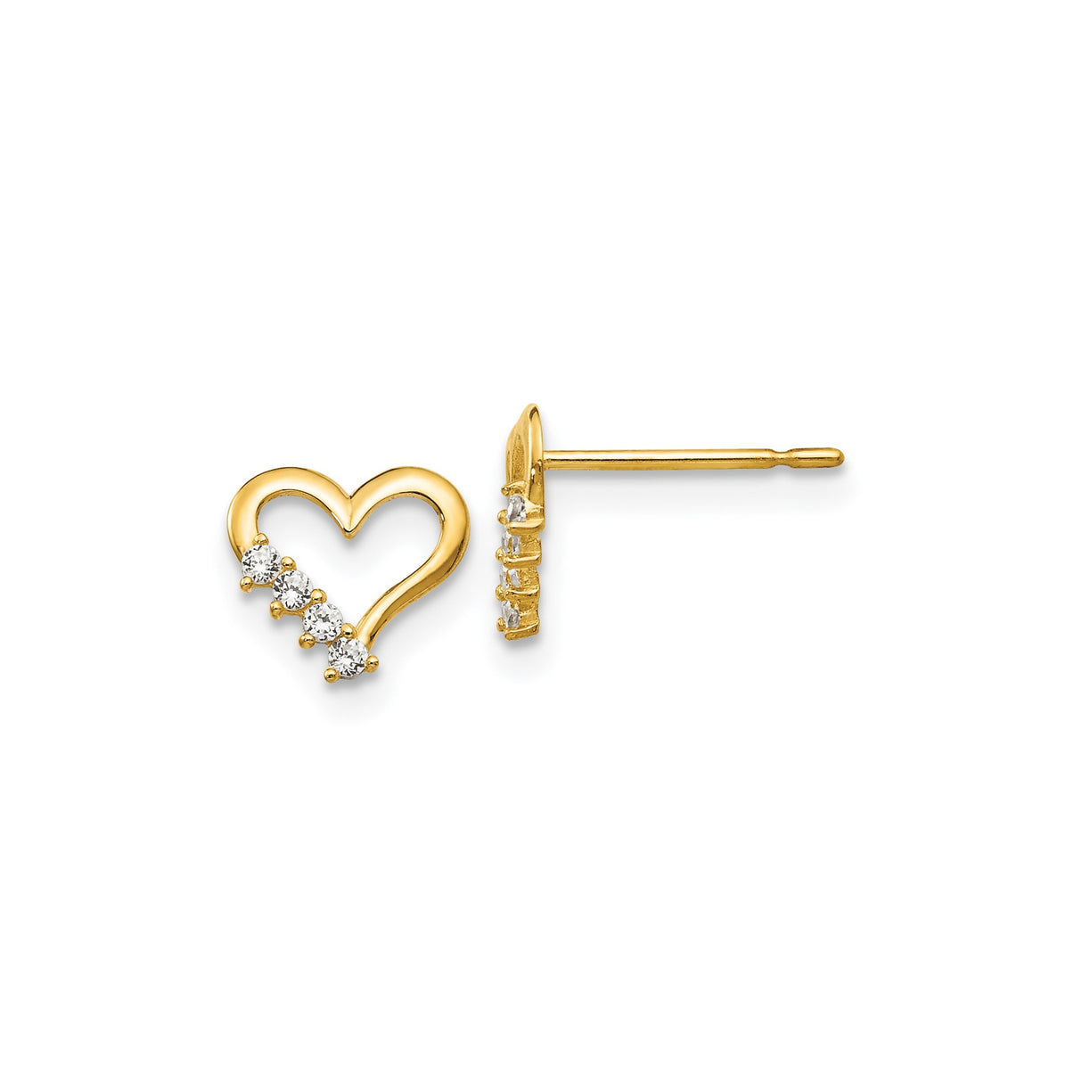 14k Yellow Gold Heart Stud Earrings with Cubic Zirconia, Open Heart Design for Women