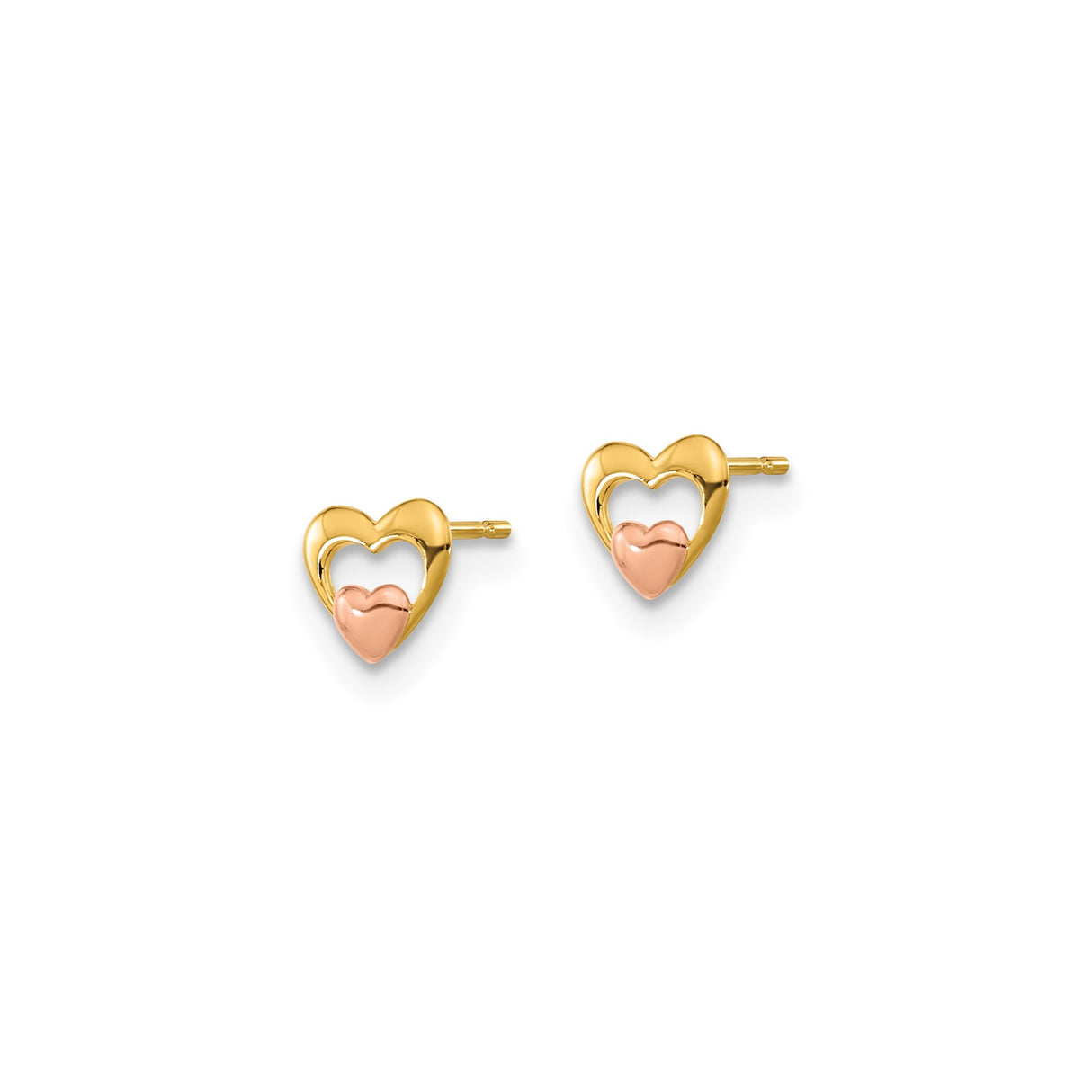 14k Yellow Gold Heart Stud Earrings with Two-Tone Open Design and Rose Gold Center
