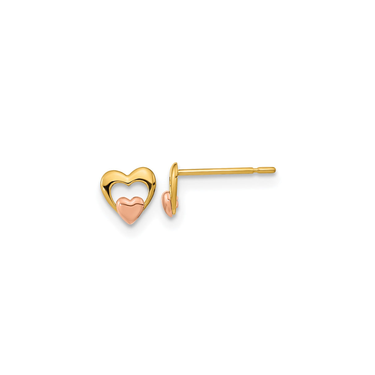 14k Yellow Gold Heart Stud Earrings with Two-Tone Open Design and Rose Gold Center