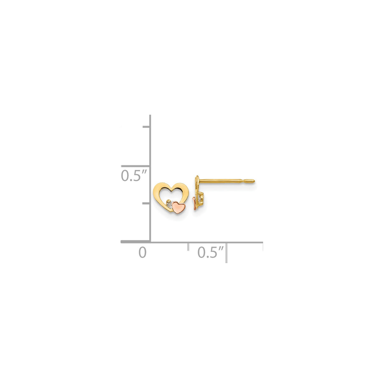 14k Two-Tone Gold Heart Stud Earrings with Cubic Zirconia and Rose Gold Accent