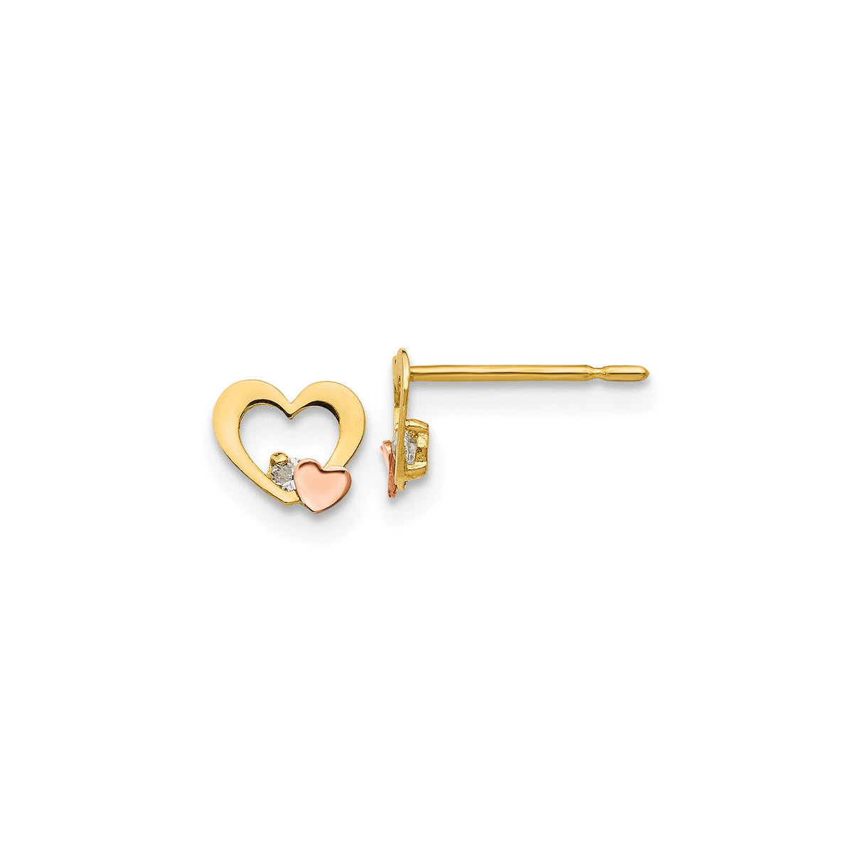 14k Two-Tone Gold Heart Stud Earrings with Cubic Zirconia and Rose Gold Accent