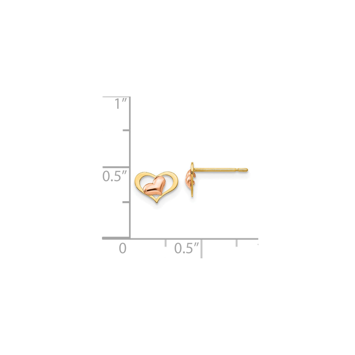 14k Yellow Gold Heart Stud Earrings with Two-Tone Open Heart and Rose Gold Center