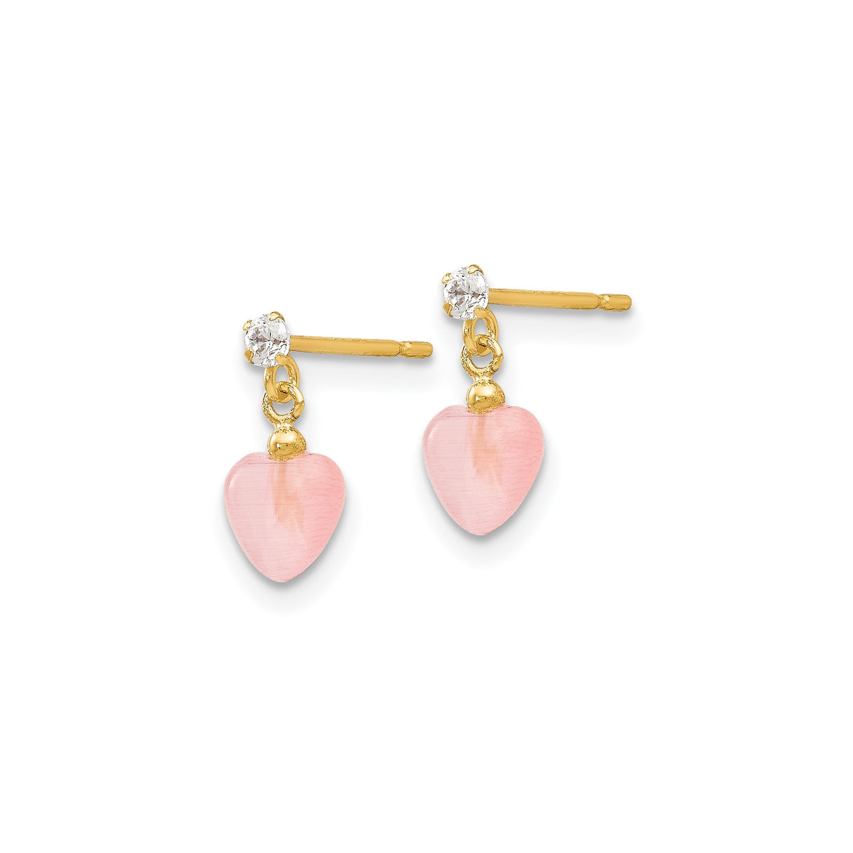 14k Yellow Gold Dangle Stud Earrings with Pink Heart and Oval Cats Eye, Cubic Zirconia Accents