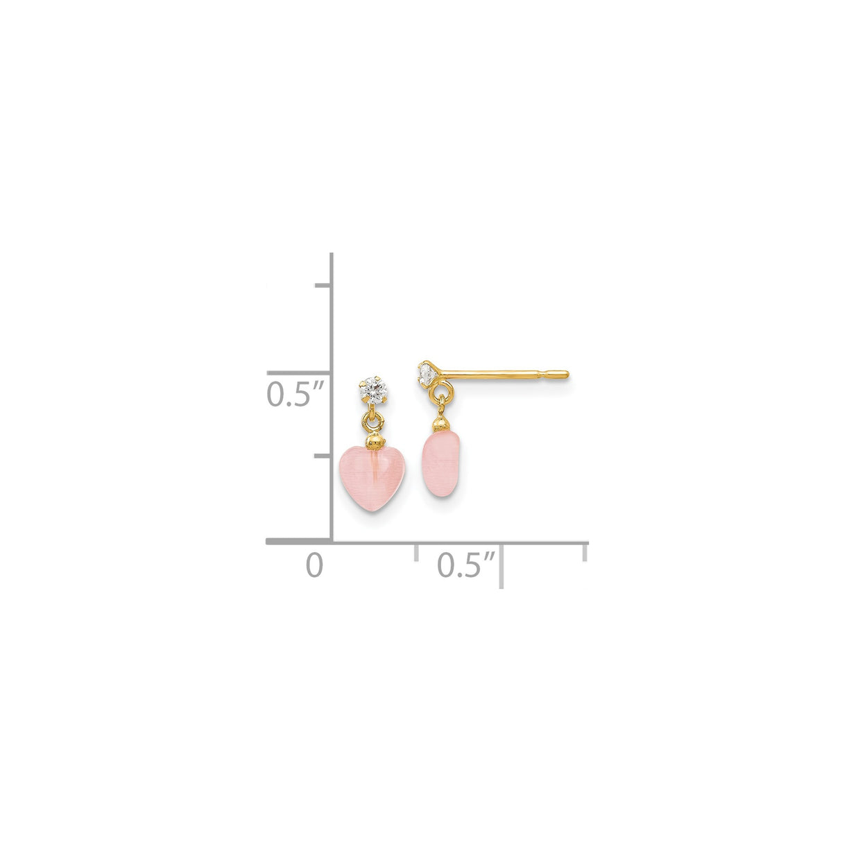 14k Yellow Gold Dangle Stud Earrings with Pink Heart and Oval Cats Eye, Cubic Zirconia Accents
