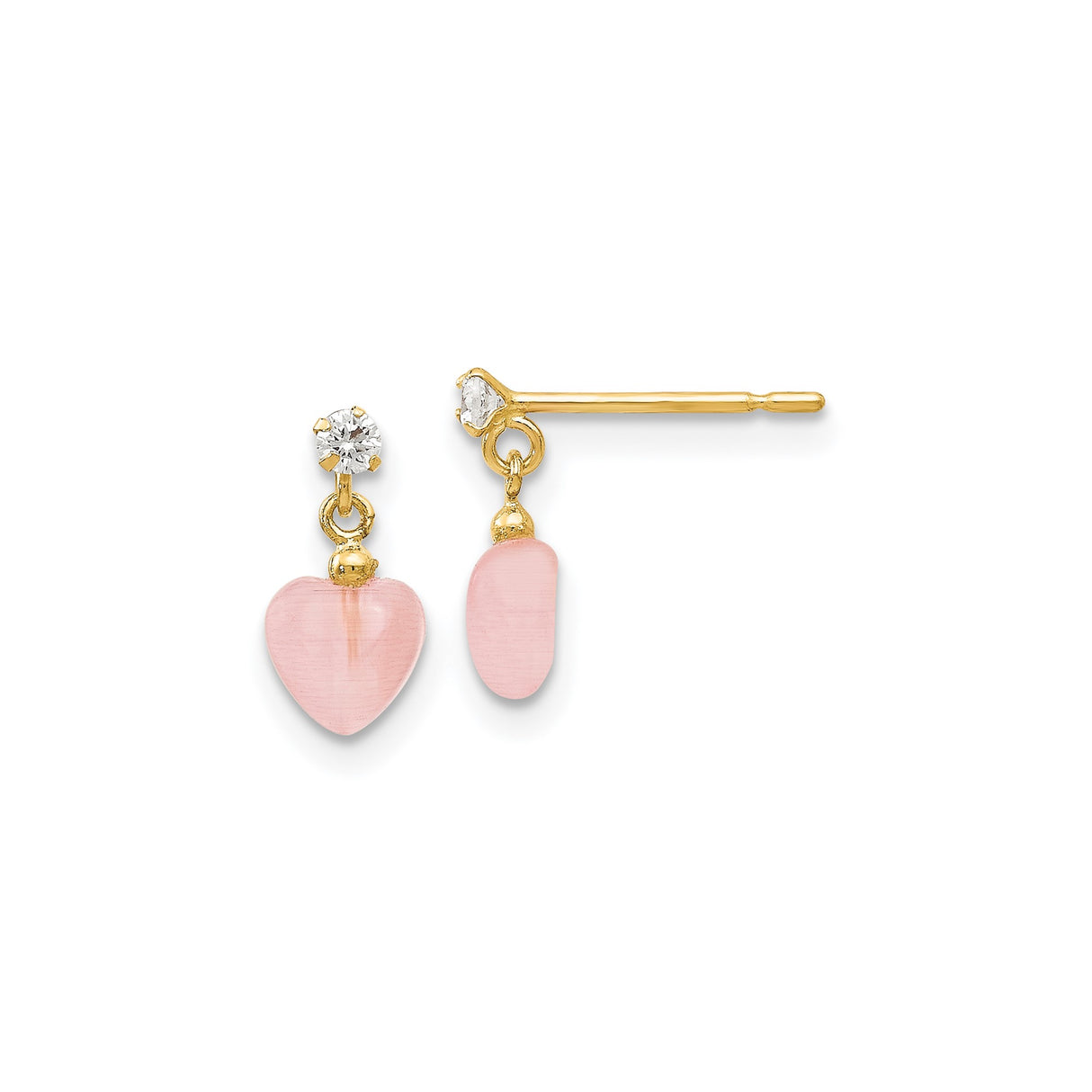 14k Yellow Gold Dangle Stud Earrings with Pink Heart and Oval Cats Eye, Cubic Zirconia Accents