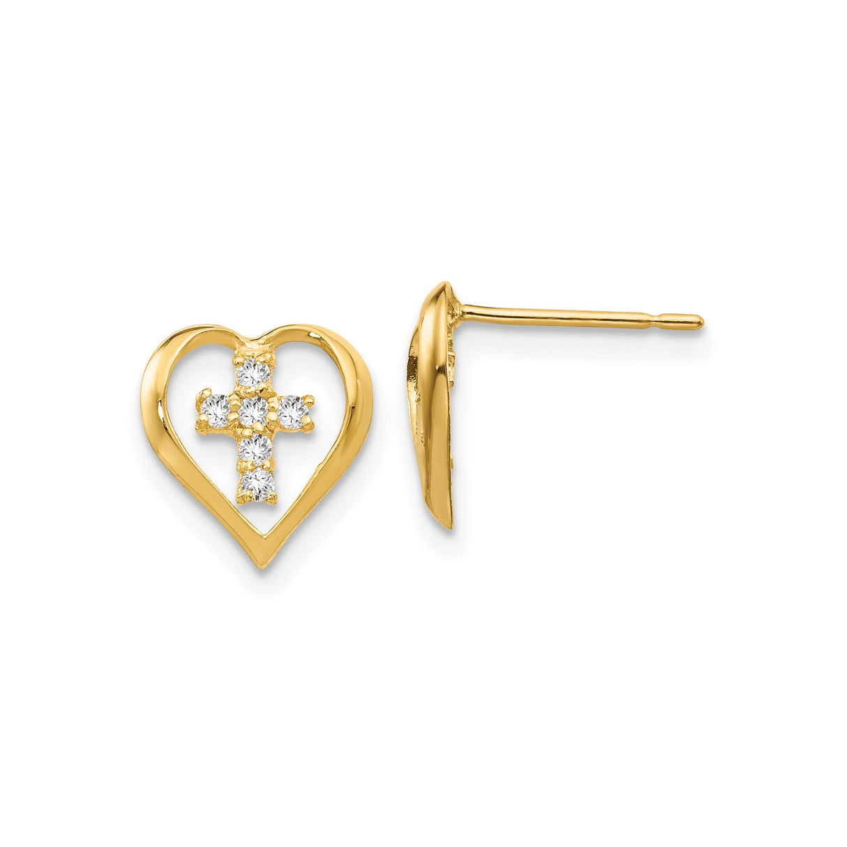 14k Yellow Gold Cross Pendant with Cubic Zirconia and Open Heart Design