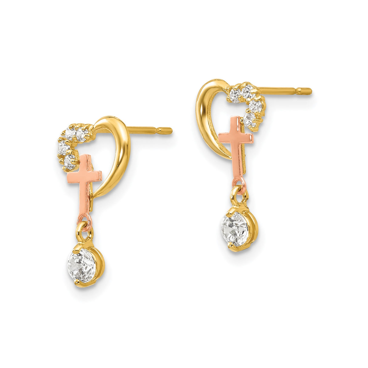 14k Yellow Gold Heart and Cross Earrings with Cubic Zirconia, Two-Tone Christian Studs for Women