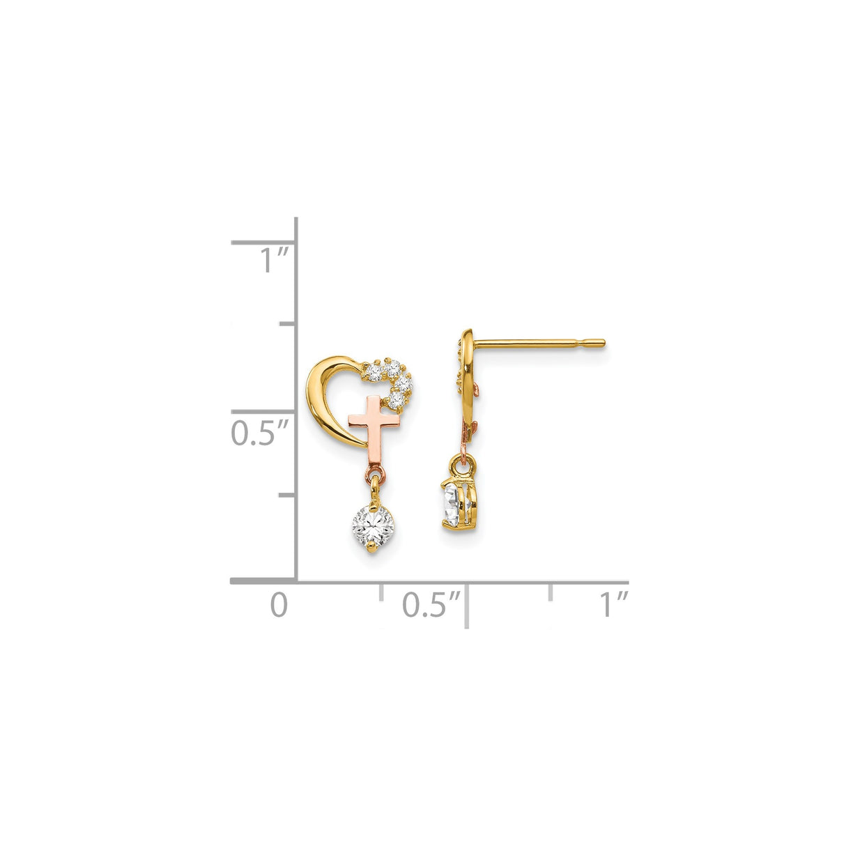 14k Yellow Gold Heart and Cross Earrings with Cubic Zirconia, Two-Tone Christian Studs for Women