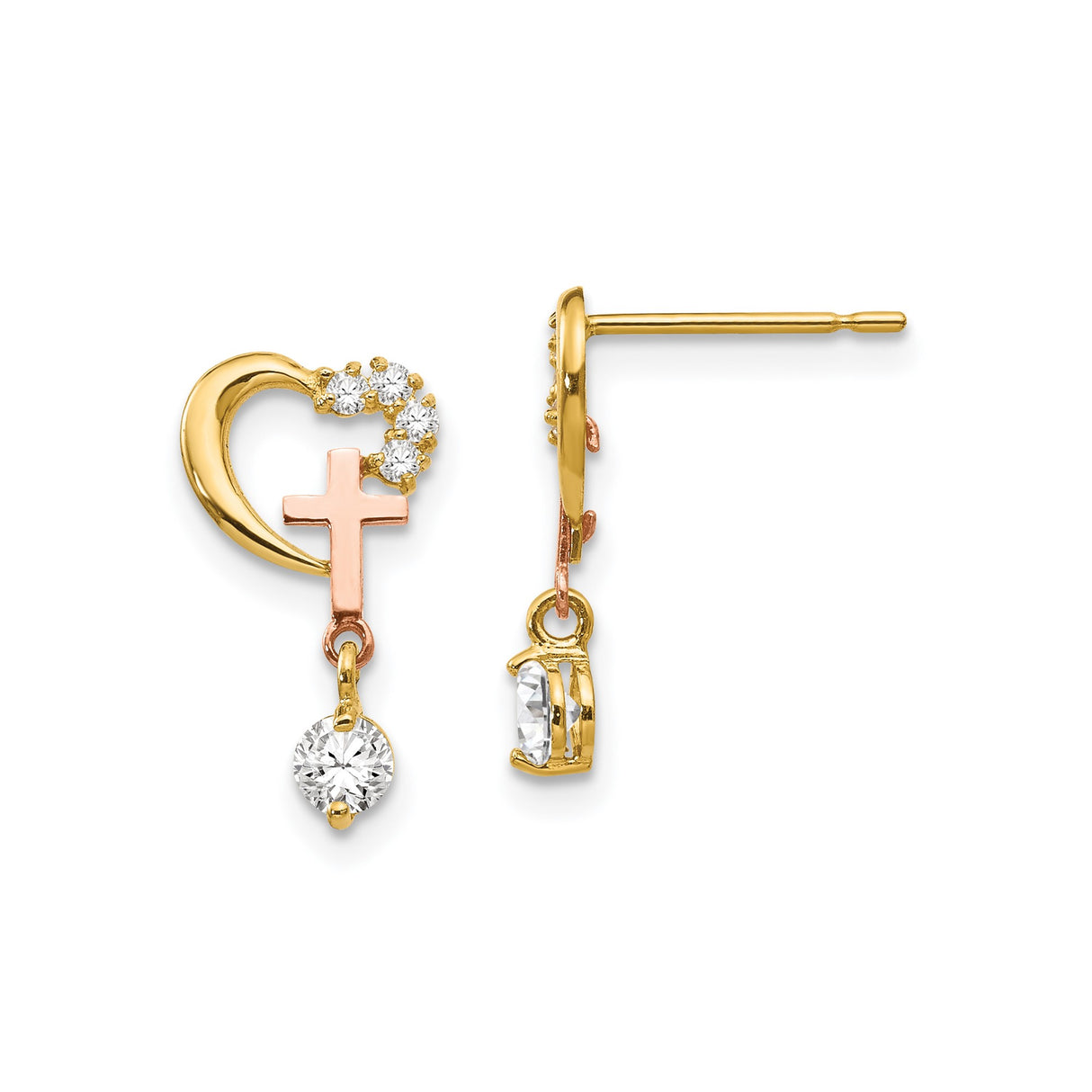 14k Yellow Gold Heart and Cross Earrings with Cubic Zirconia, Two-Tone Christian Studs for Women