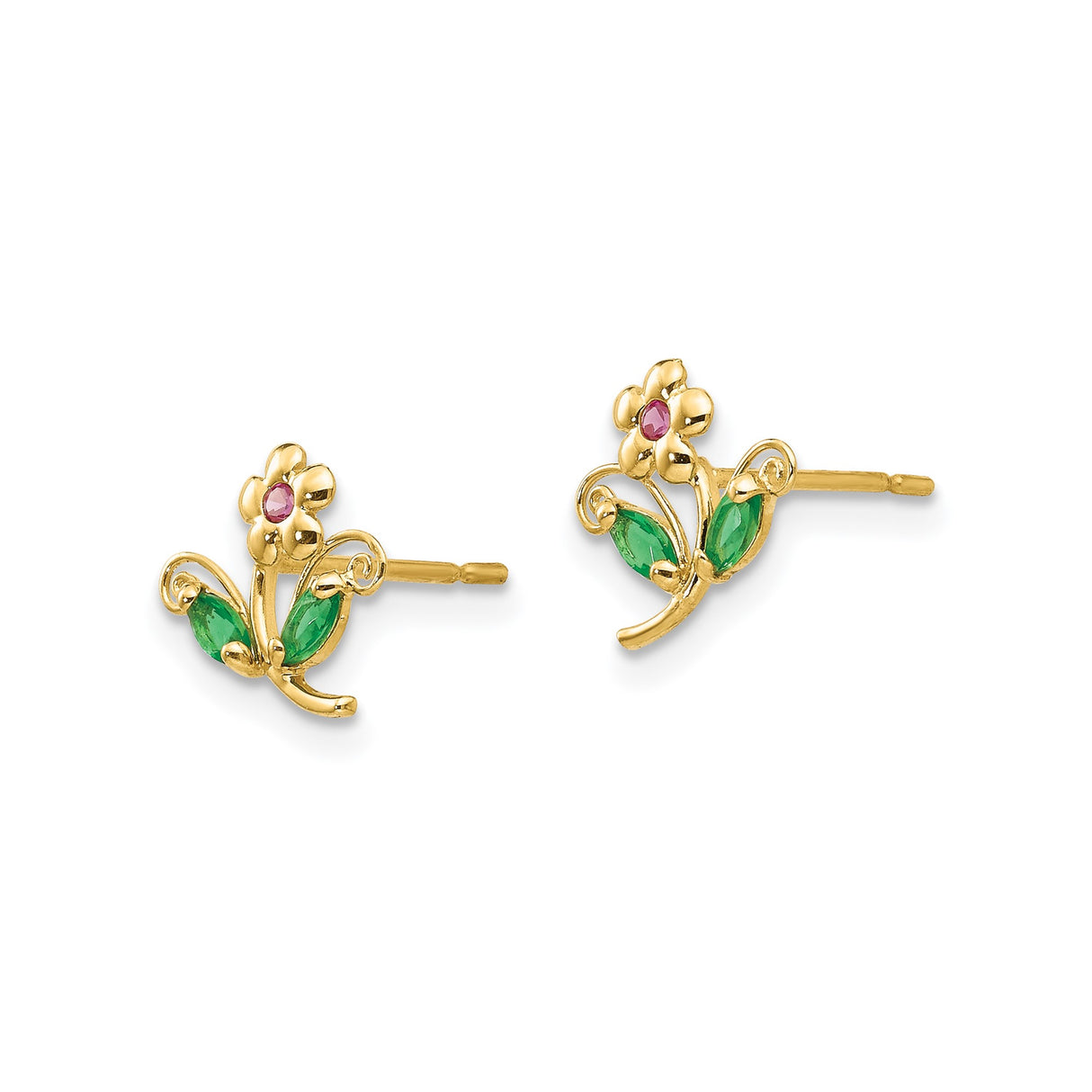 14k Yellow Gold Flower Stud Earrings with Pink Cubic Zirconia and Green Leaf Accents