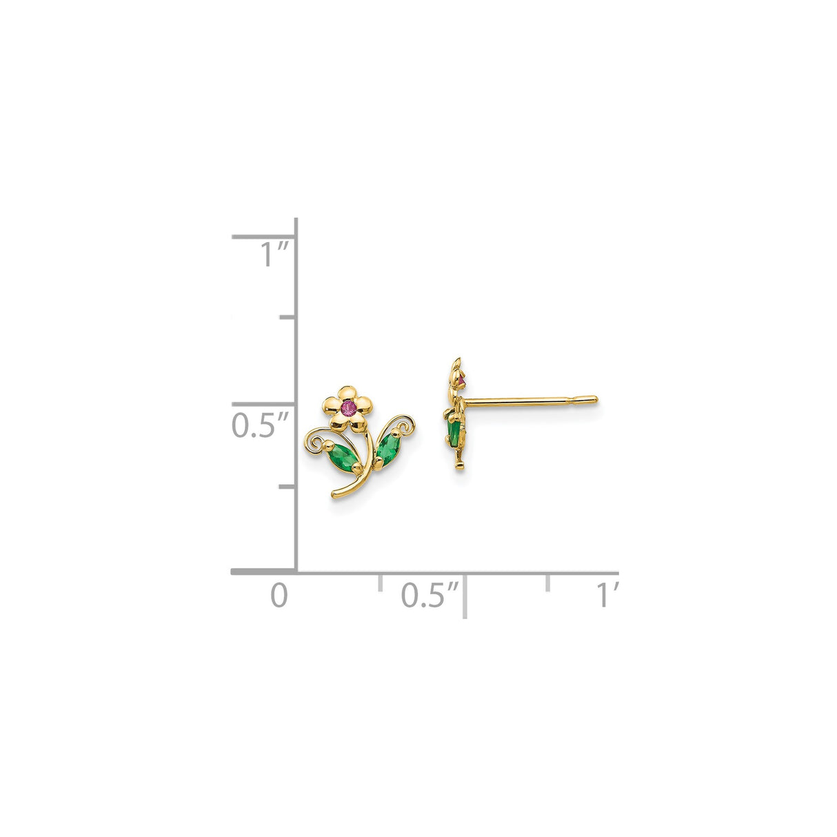 14k Yellow Gold Flower Stud Earrings with Pink Cubic Zirconia and Green Leaf Accents