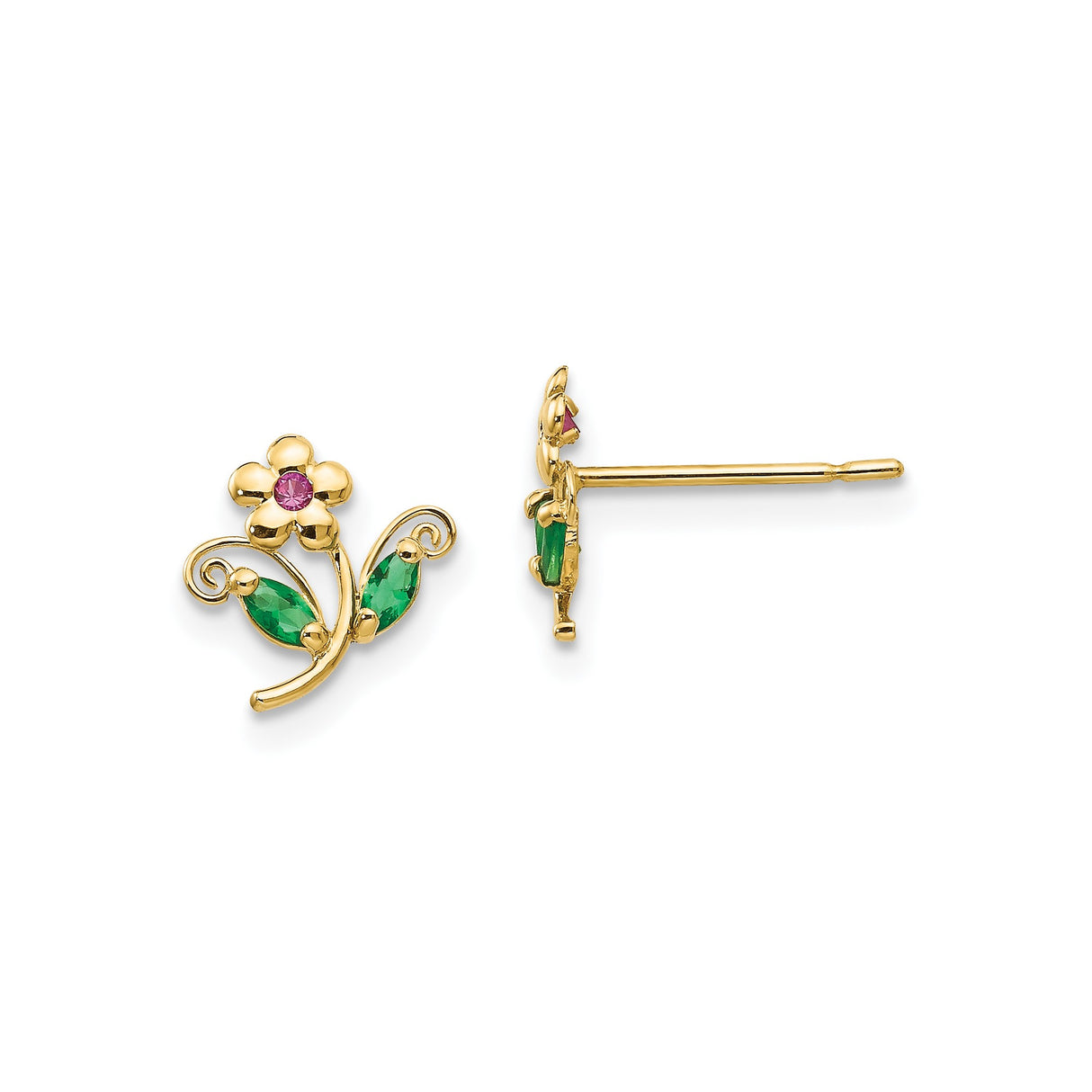 14k Yellow Gold Flower Stud Earrings with Pink Cubic Zirconia and Green Leaf Accents