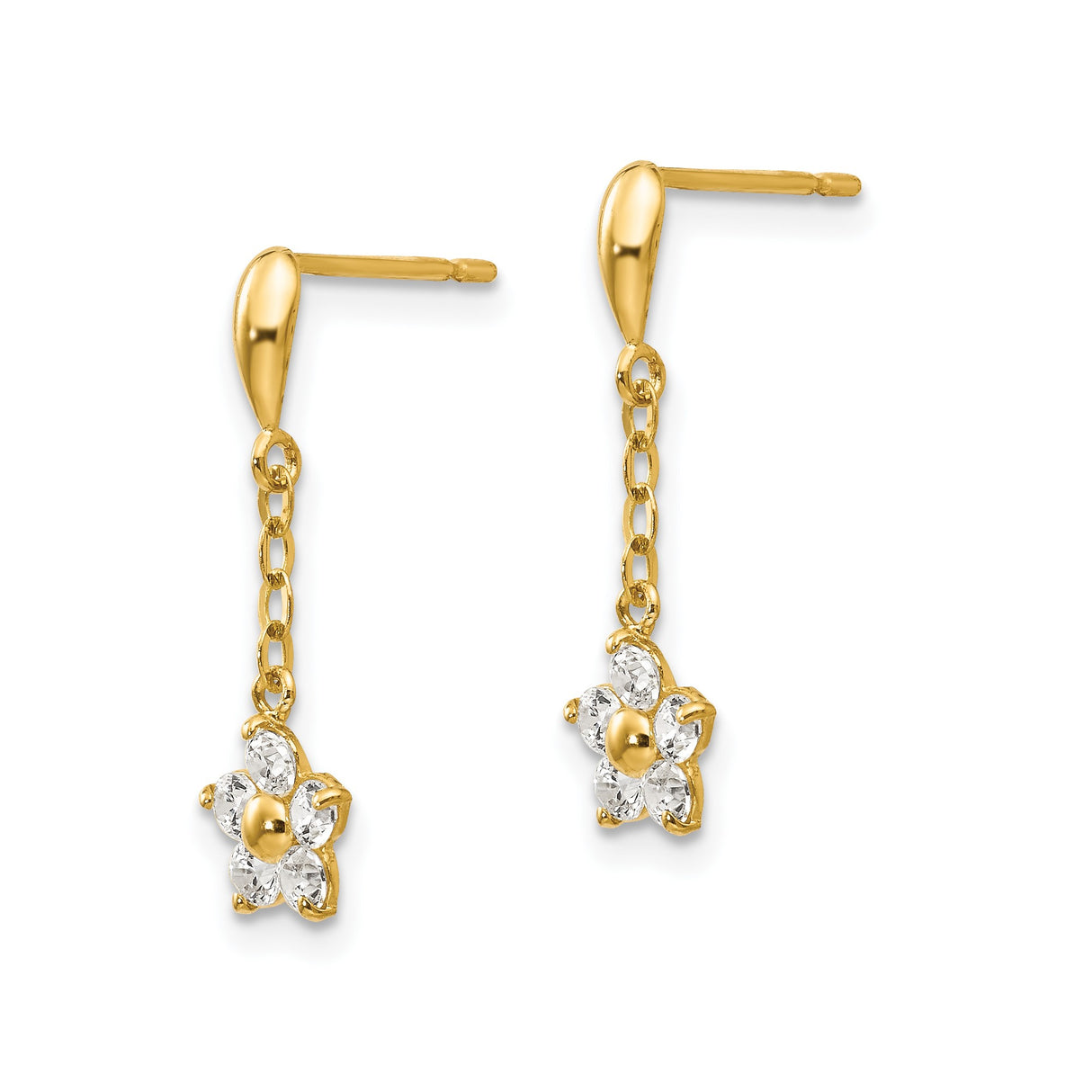 14k Yellow Gold Dangle Earrings with Cubic Zirconia, Delicate Floral Design for Women