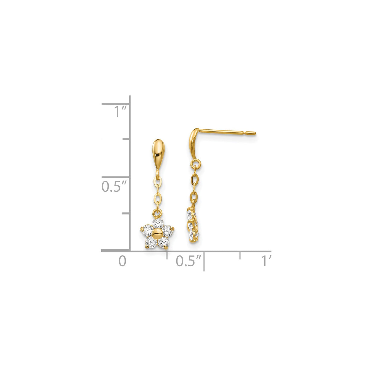 14k Yellow Gold Dangle Earrings with Cubic Zirconia, Delicate Floral Design for Women