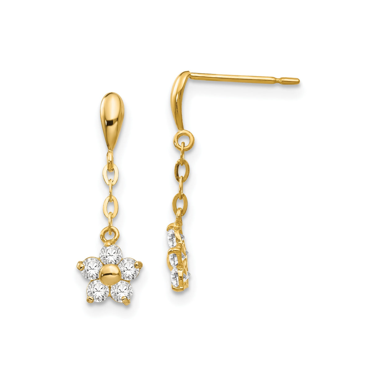 14k Yellow Gold Dangle Earrings with Cubic Zirconia, Delicate Floral Design for Women
