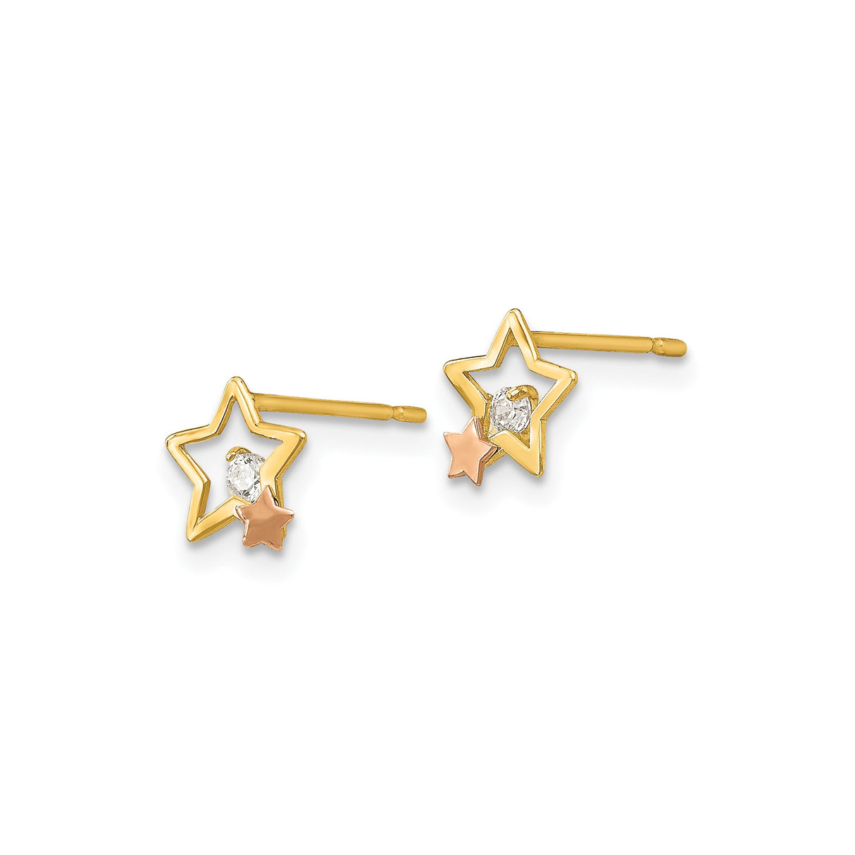 14k Yellow Gold Star Stud Earrings with Cubic Zirconia, Rose Gold Accent, Celestial Design