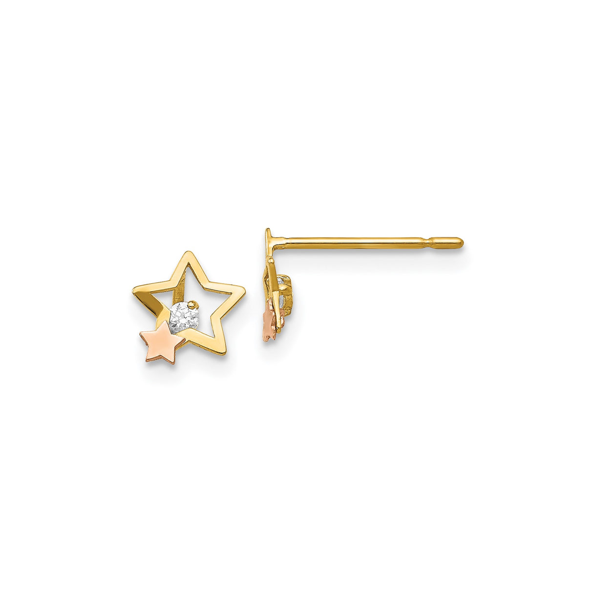 14k Yellow Gold Star Stud Earrings with Cubic Zirconia, Rose Gold Accent, Celestial Design