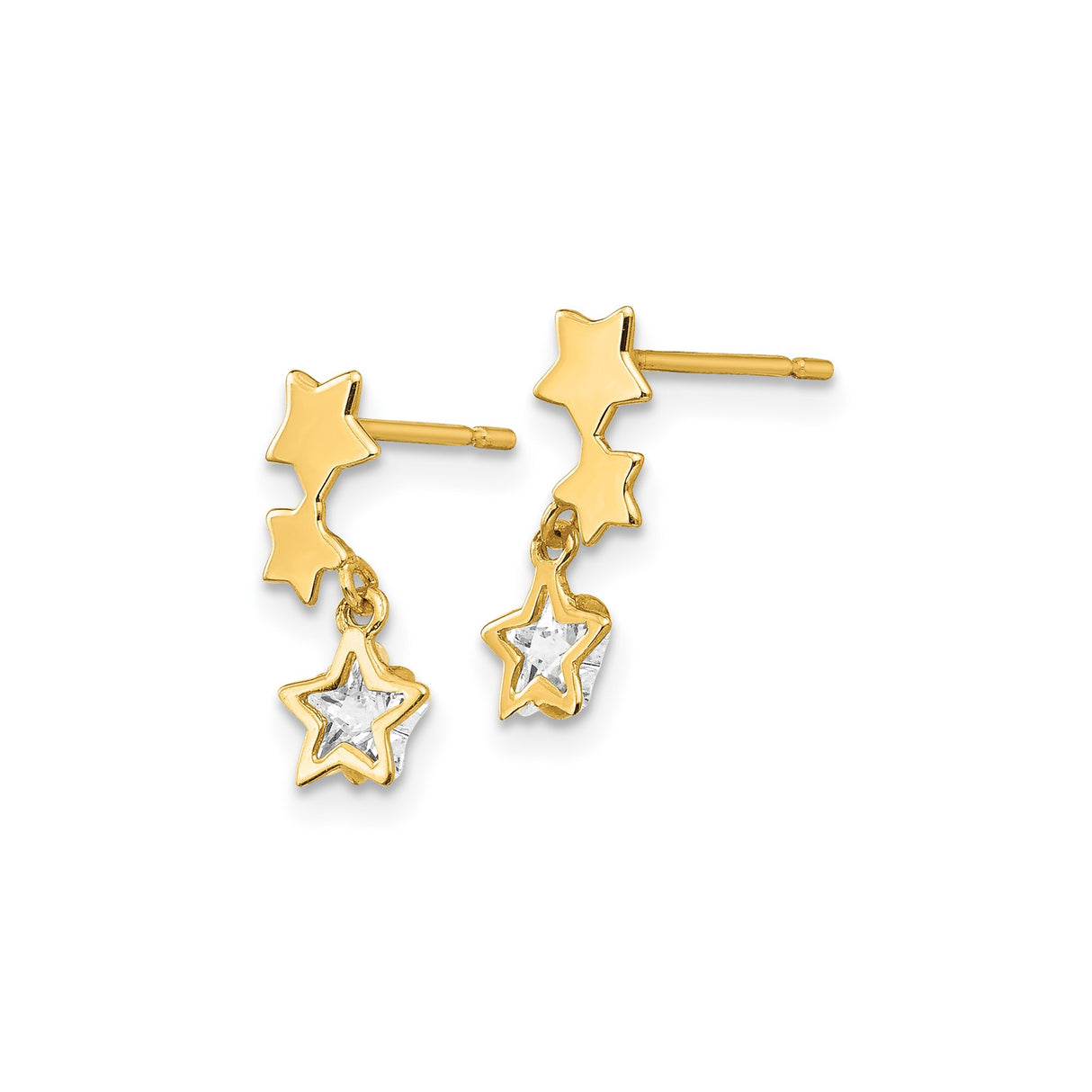 14k Yellow Gold Star Drop Stud Earrings with Cubic Zirconia, Celestial Minimalist Design