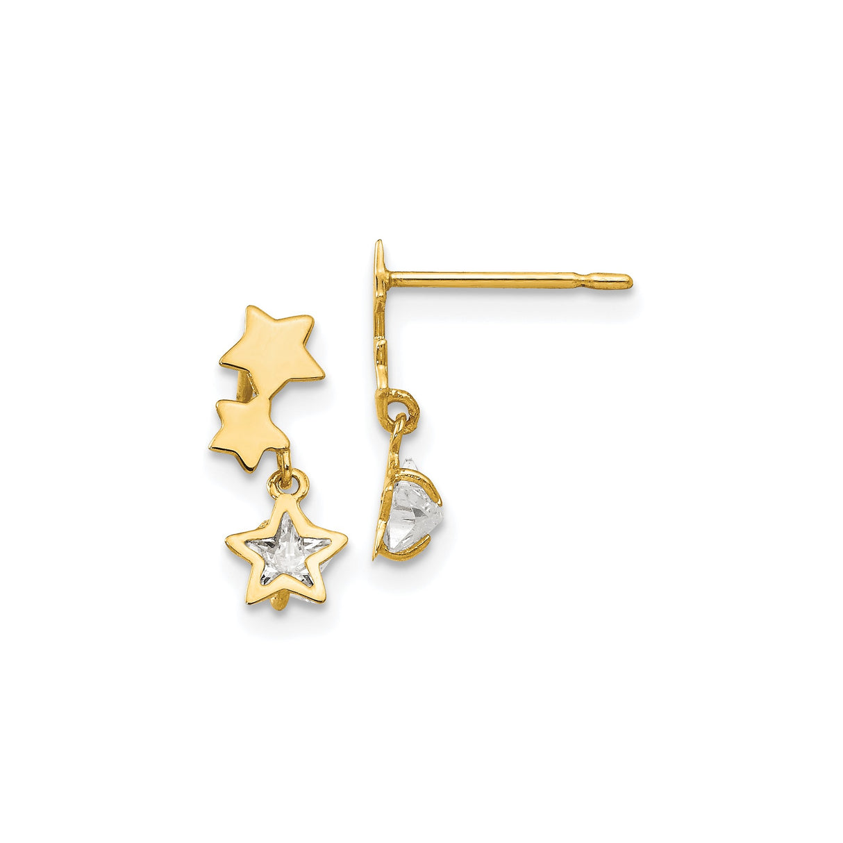14k Yellow Gold Star Drop Stud Earrings with Cubic Zirconia, Celestial Minimalist Design