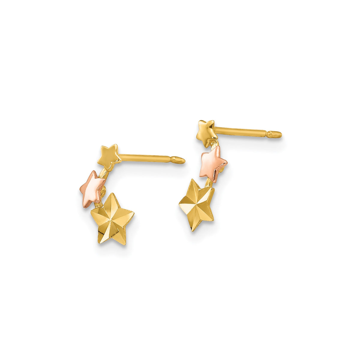 14k Two Tone Gold Star Climber Earrings with Three Polished Stars for Women