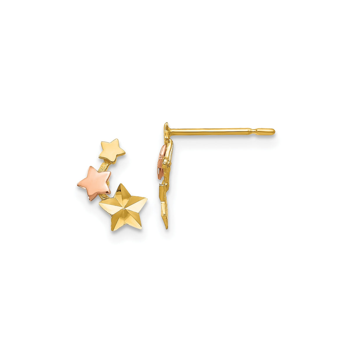 14k Two Tone Gold Star Climber Earrings with Three Polished Stars for Women