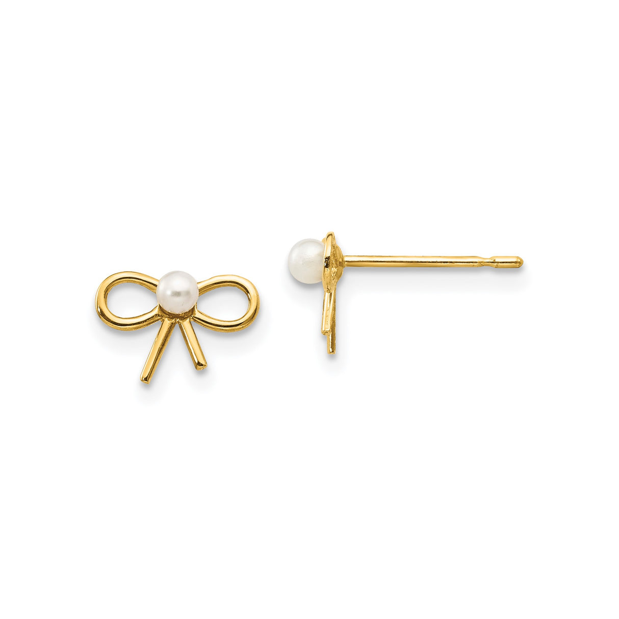 14k Yellow Gold Bow Stud Earrings with White Pearl Accent, Dainty Feminine Design