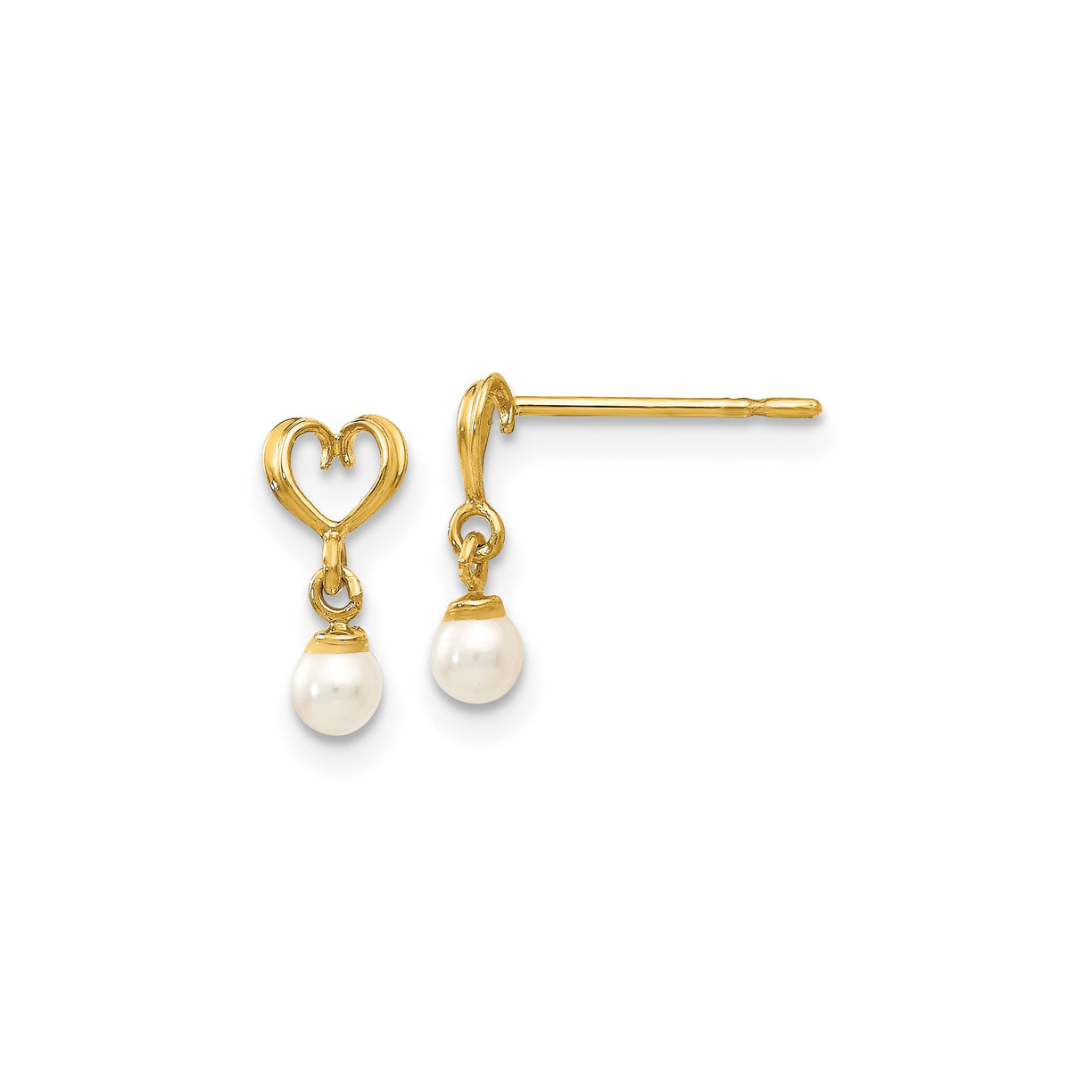 14k Yellow Gold Dangle Earrings with Cultured Pearl Drops and Open Heart Design