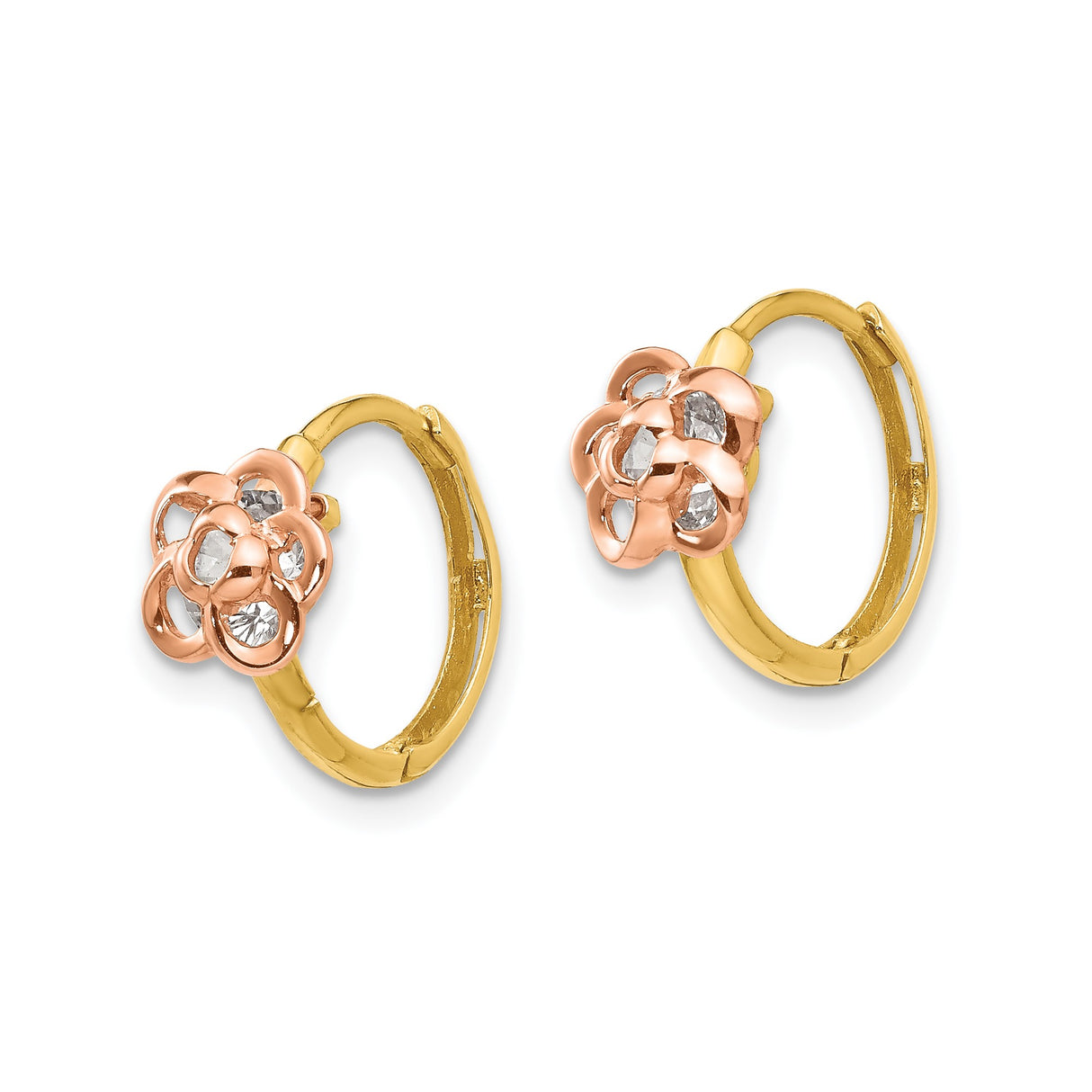 14k Yellow Gold Hoop Earrings with Cubic Zirconia, Two-Tone Floral Design, Diamond-Cut Accents