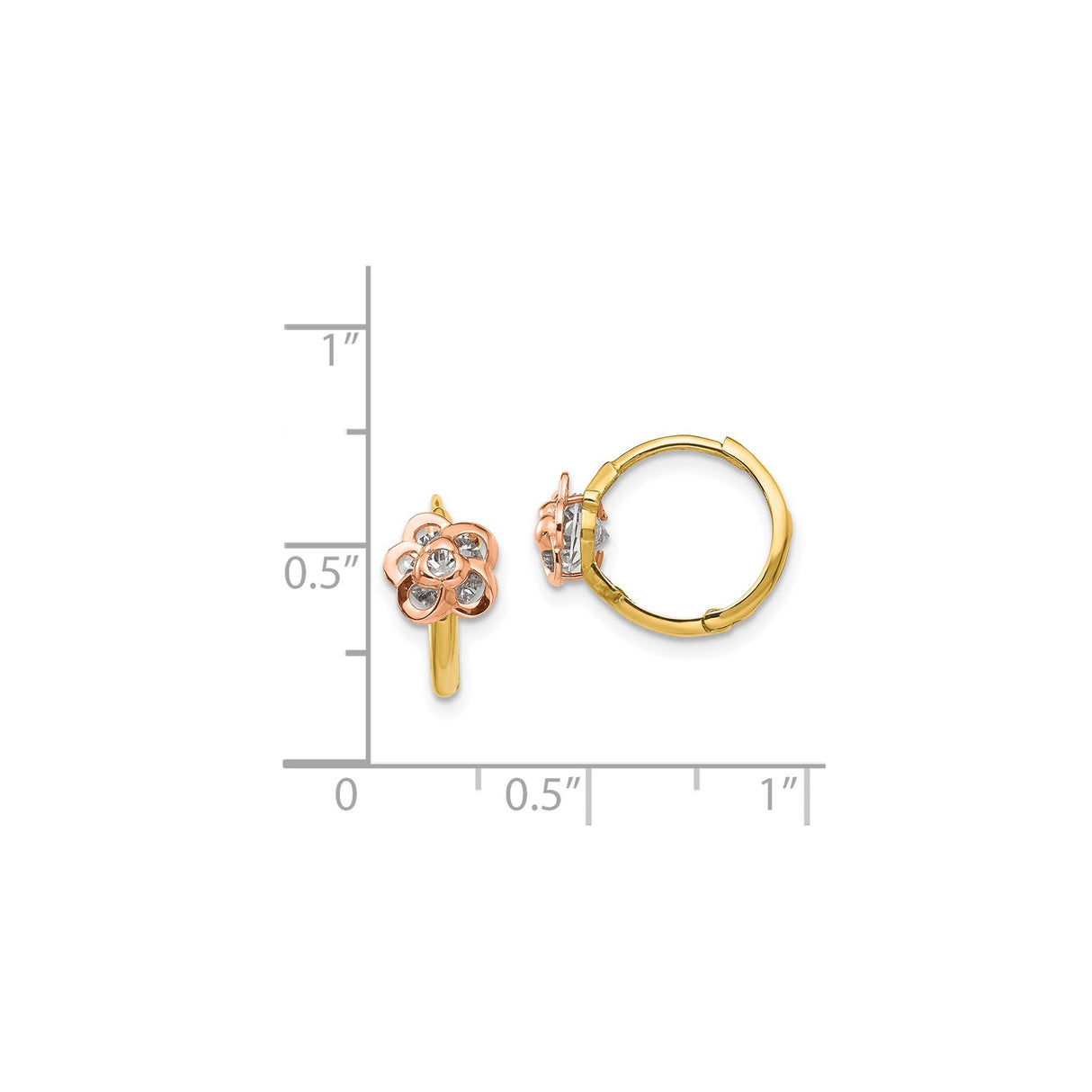 14k Yellow Gold Hoop Earrings with Cubic Zirconia, Two-Tone Floral Design, Diamond-Cut Accents