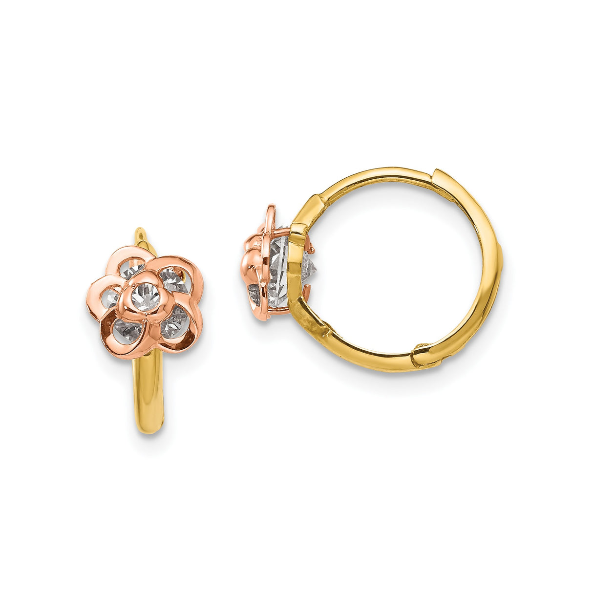14k Yellow Gold Hoop Earrings with Cubic Zirconia, Two-Tone Floral Design, Diamond-Cut Accents