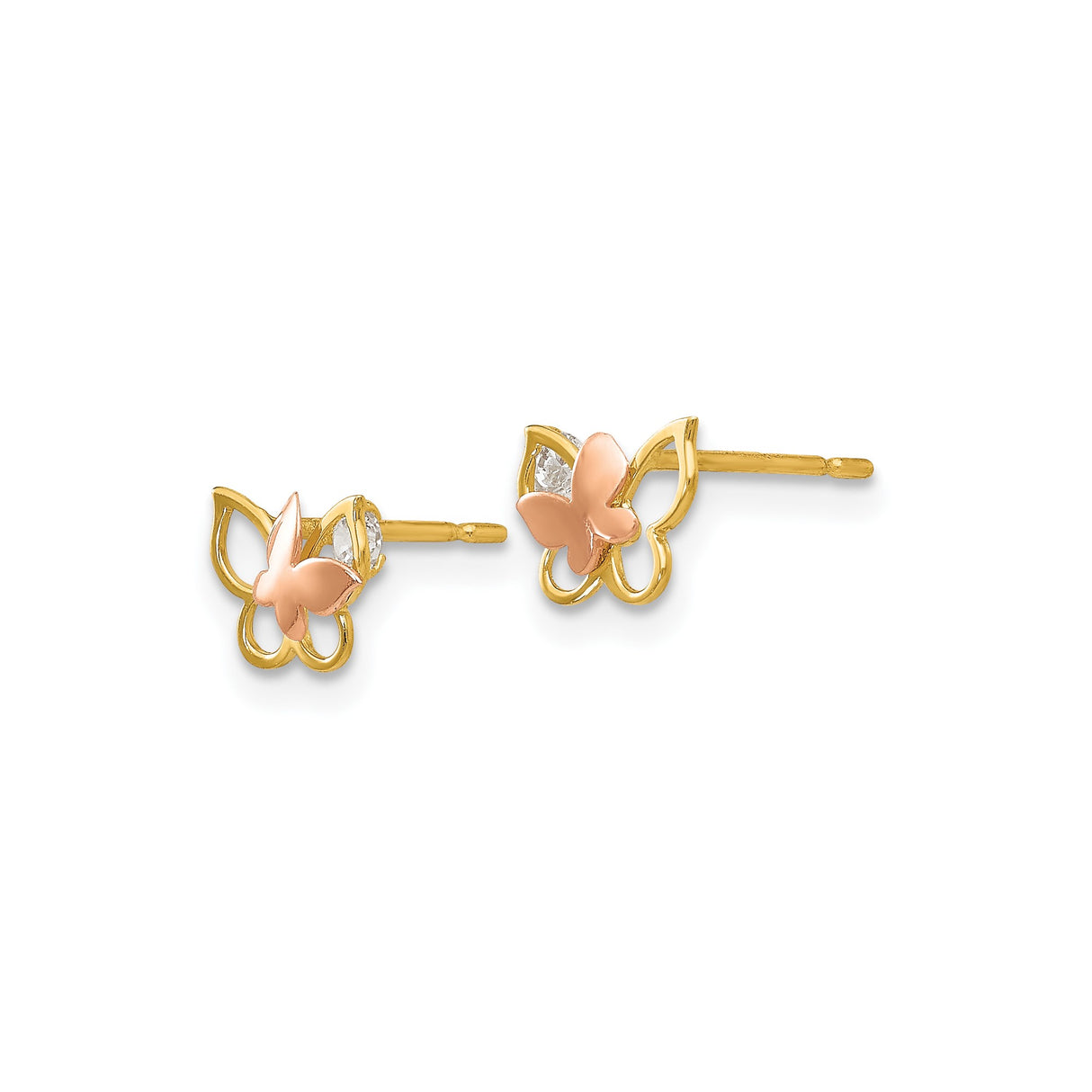 14k Two-Tone Gold Butterfly Stud Earrings with Cubic Zirconia, Rose and Yellow Gold, Minimalist Design