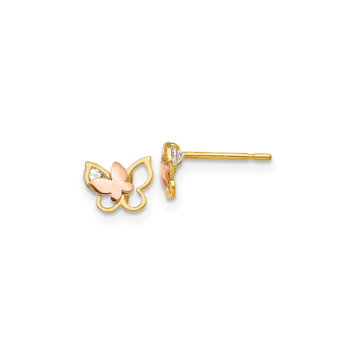 14k Two-Tone Gold Butterfly Stud Earrings with Cubic Zirconia, Rose and Yellow Gold, Minimalist Design