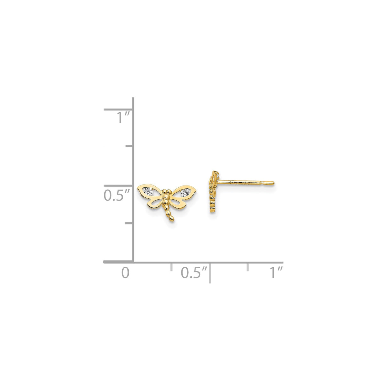 14k Yellow Gold Dragonfly Stud Earrings with Cubic Zirconia, Nature Inspired Dainty Jewelry