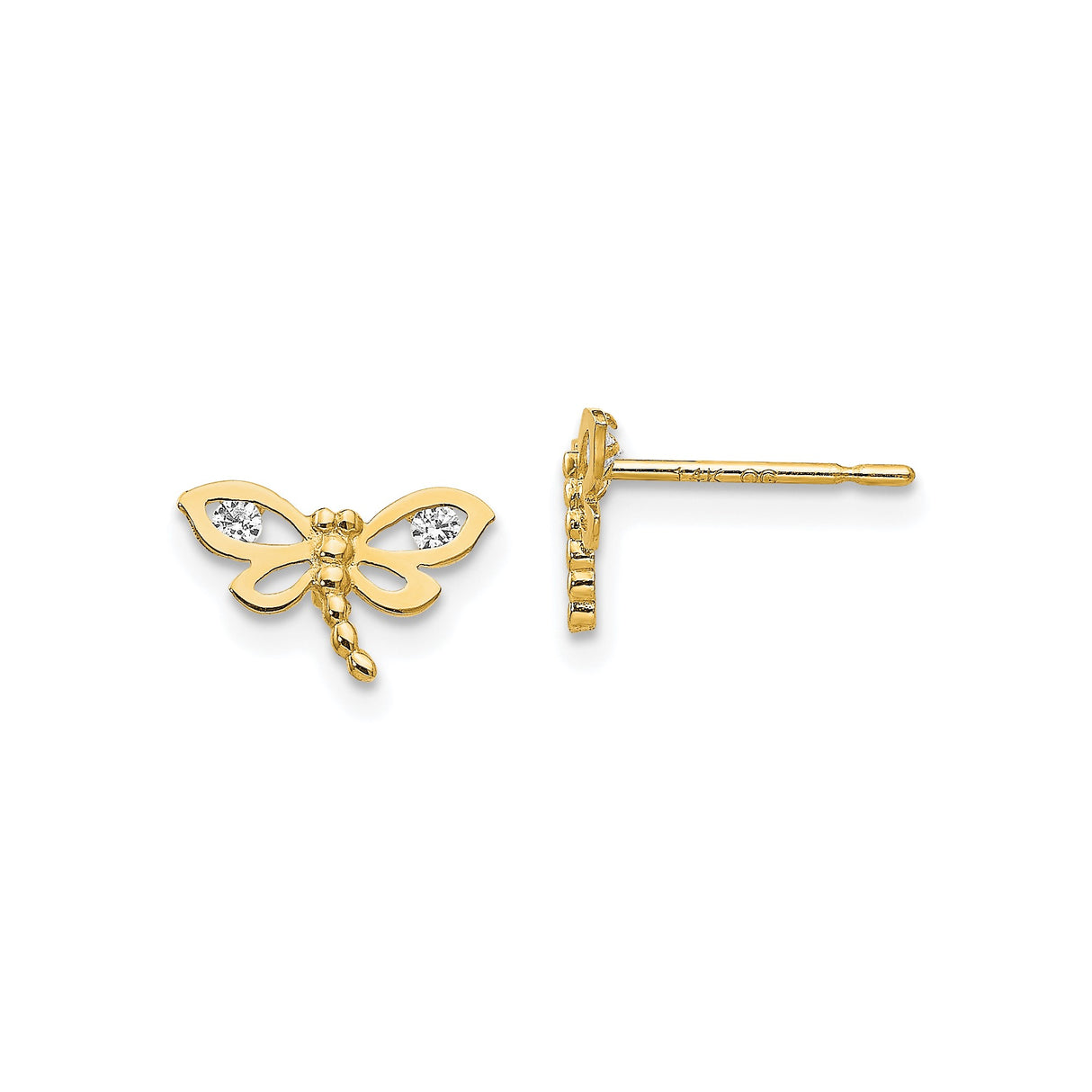 14k Yellow Gold Dragonfly Stud Earrings with Cubic Zirconia, Nature Inspired Dainty Jewelry