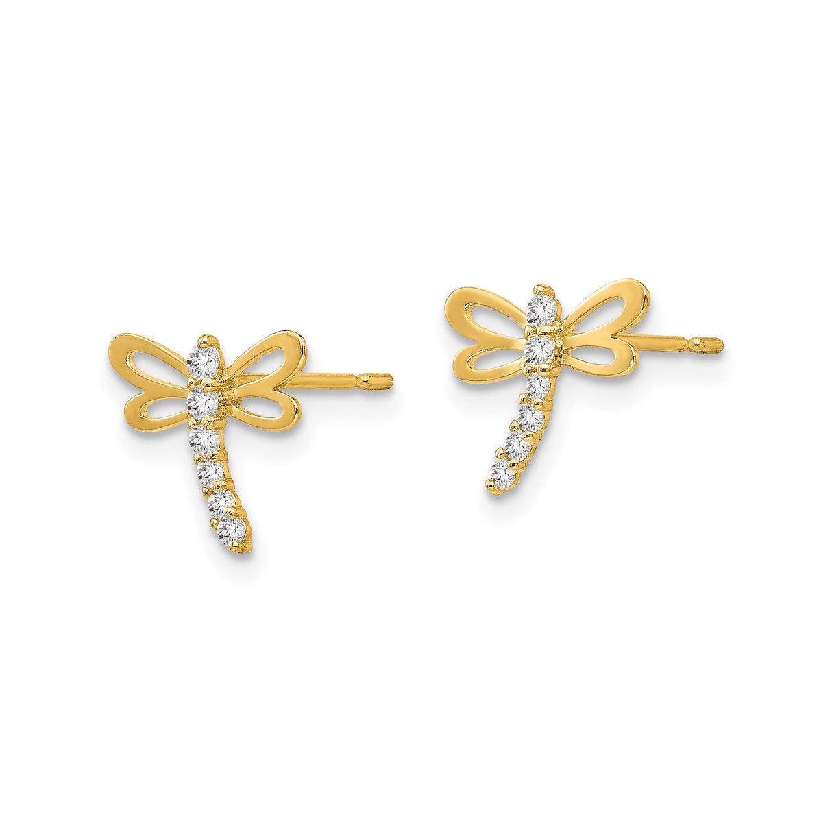 14k Yellow Gold Dragonfly Stud Earrings with Cubic Zirconia Accents, Nature Inspired Design