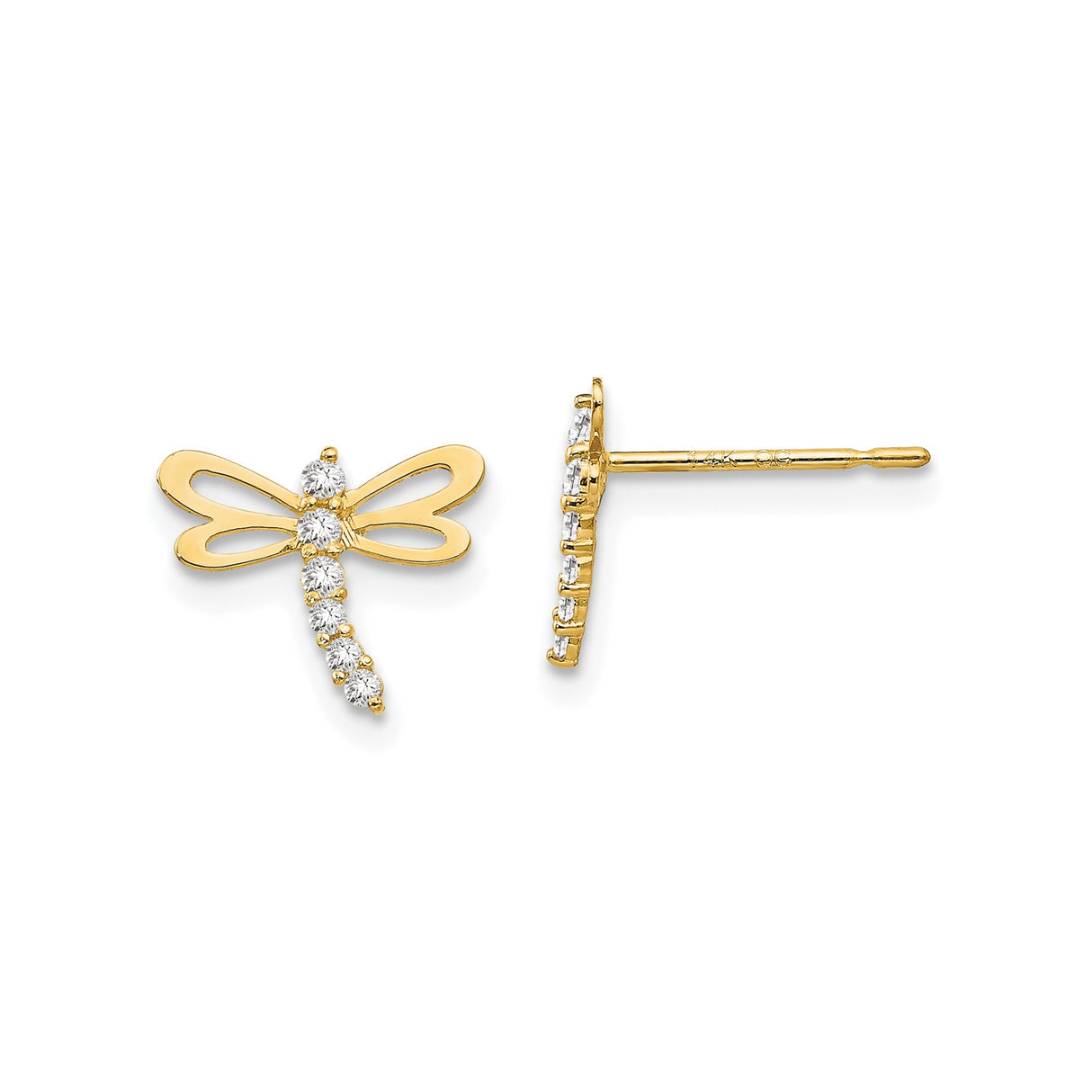 14k Yellow Gold Dragonfly Stud Earrings with Cubic Zirconia Accents, Nature Inspired Design