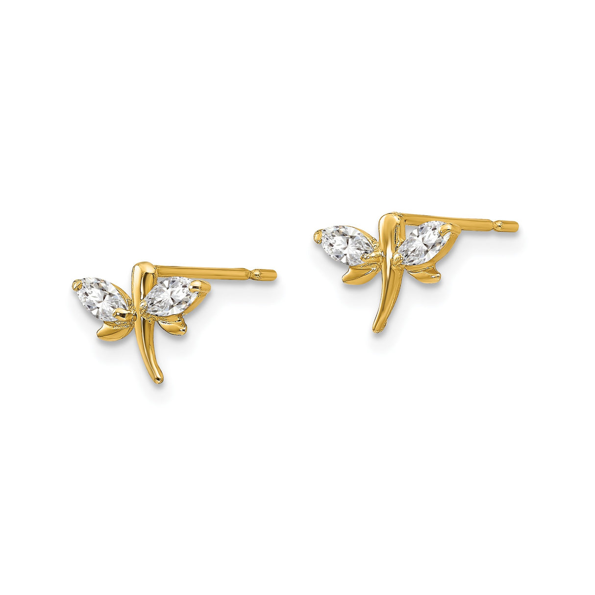 14k Yellow Gold Dragonfly Stud Earrings with Marquise Cut Cubic Zirconia Wings
