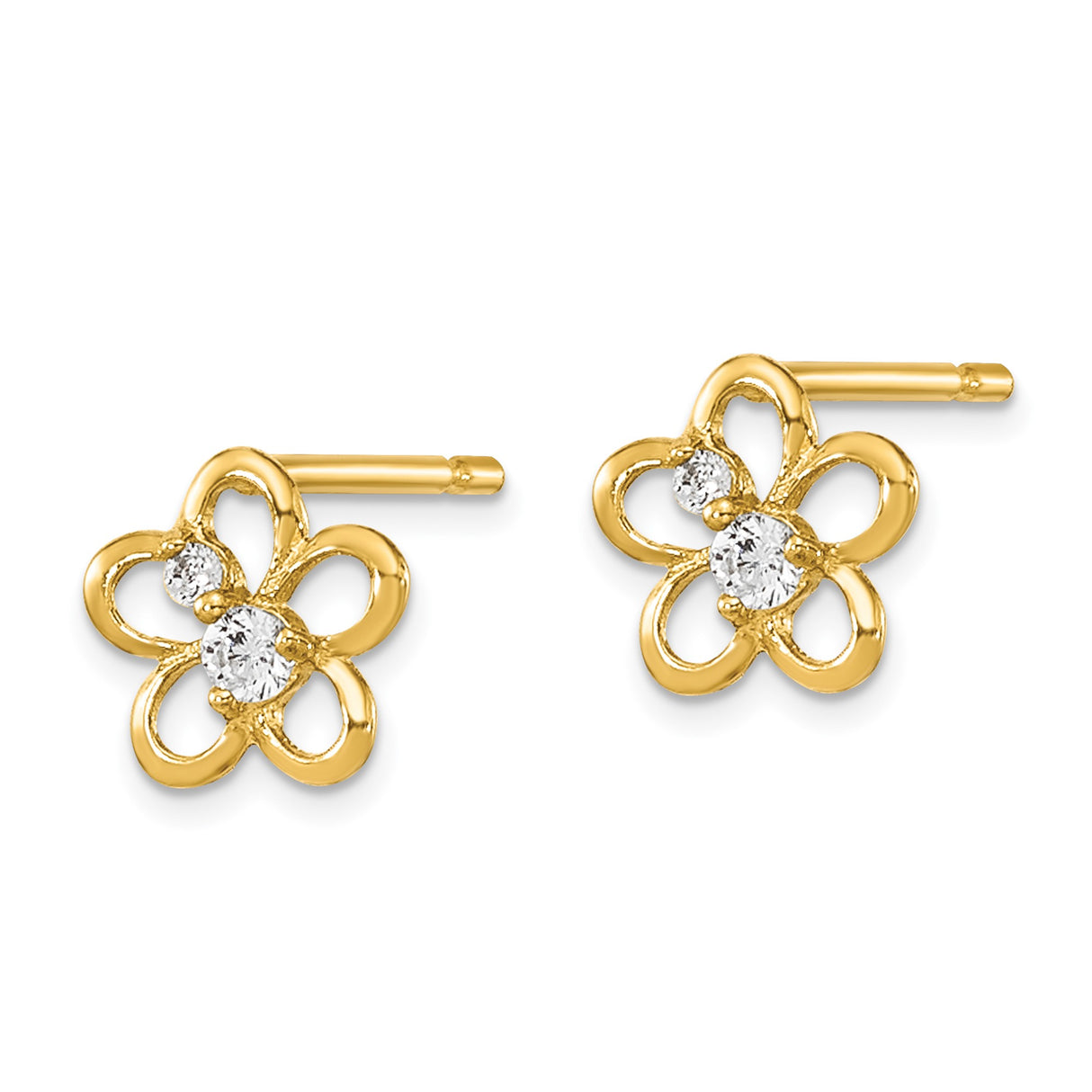 14k Yellow Gold Flower Stud Earrings with Cubic Zirconia, Open Petal Design, Floral Motif