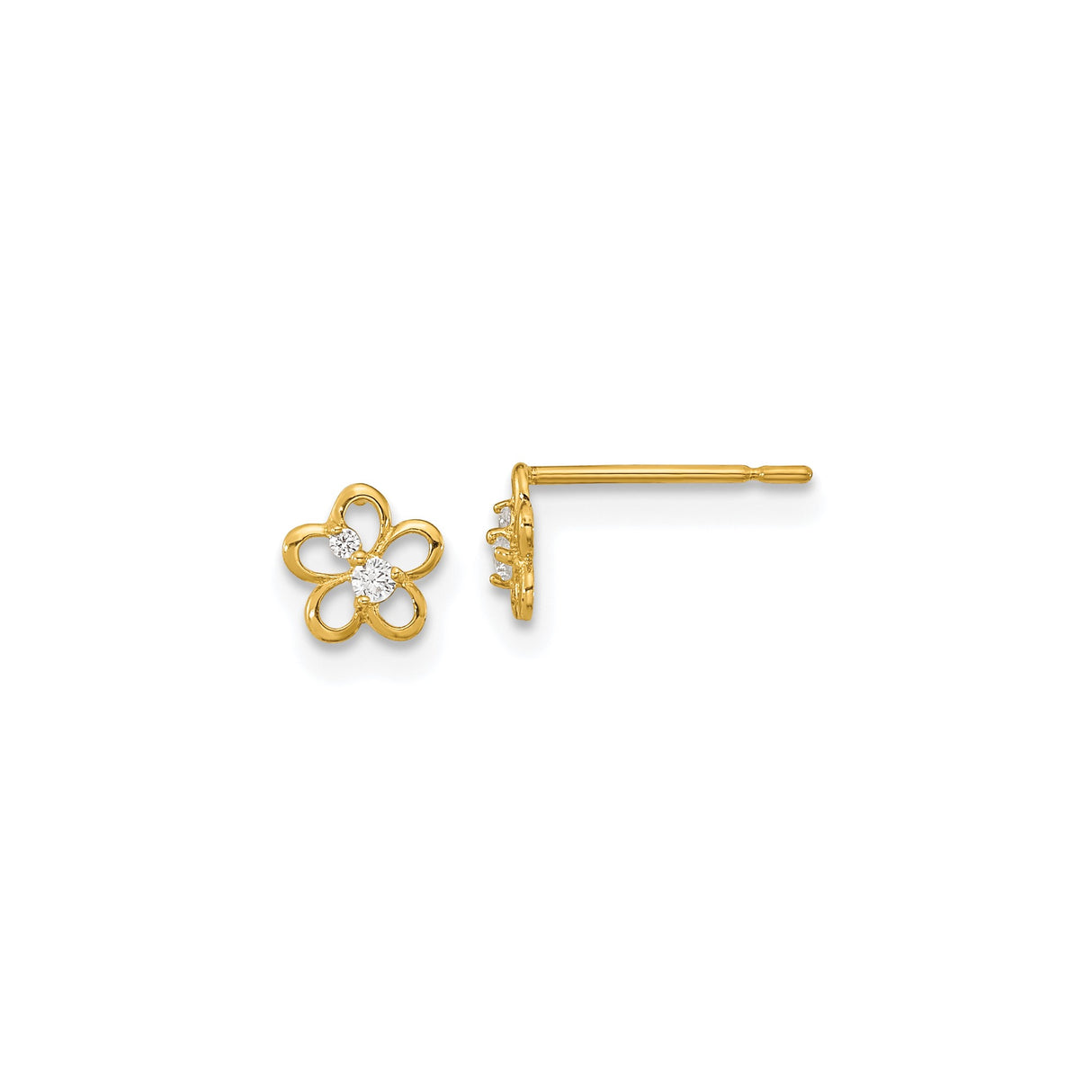 14k Yellow Gold Flower Stud Earrings with Cubic Zirconia, Open Petal Design, Floral Motif