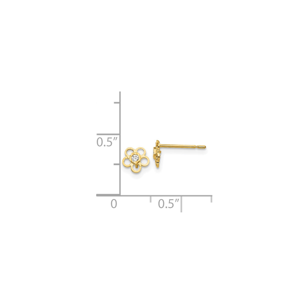 14k Yellow Gold Flower Stud Earrings with Cubic Zirconia Center, Open Petal Design