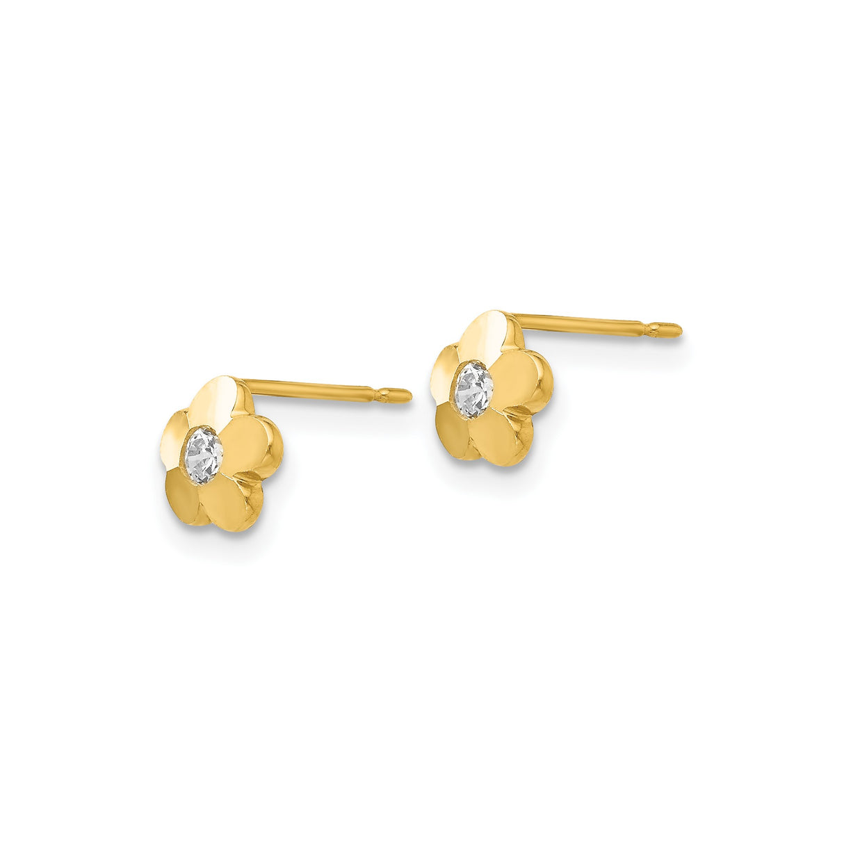 14k Yellow Gold Flower Stud Earrings with Cubic Zirconia, Dainty Floral Design for Women