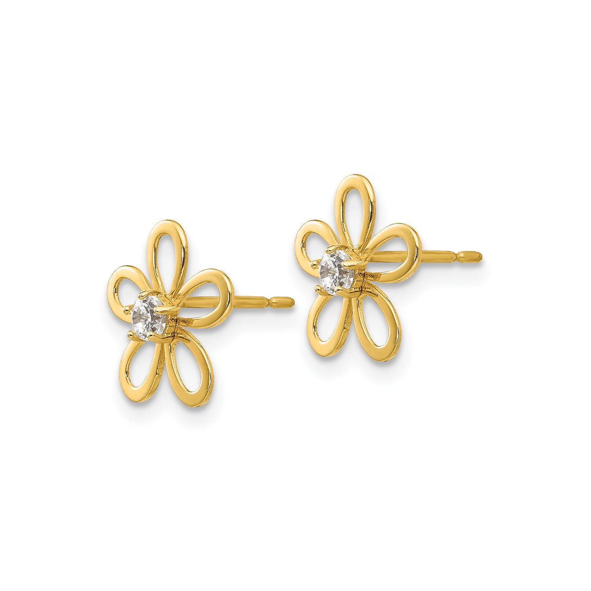 14k Yellow Gold Flower Stud Earrings with Cubic Zirconia Center and Open Petal Design